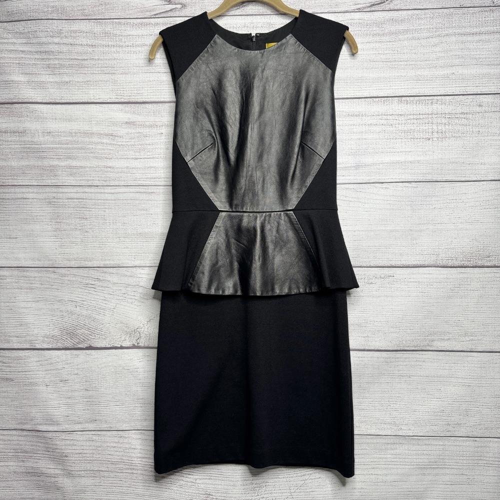 Nicole Miller Peplum Sheath Dress 100% Black Leather Front Cap Sleeve Size‎ 4